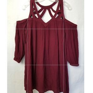 Mittoshop Boho Burgundy Strappy Cold Shoulder Crepe Mini Swing Dress Size Small